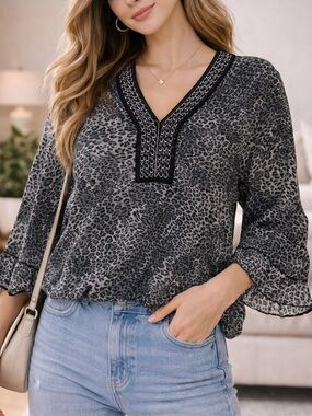 Evolution Leopard Print V-Neck Blouse | Semi-Sheer Top | 3/4 Sleeve Women’s 1X
